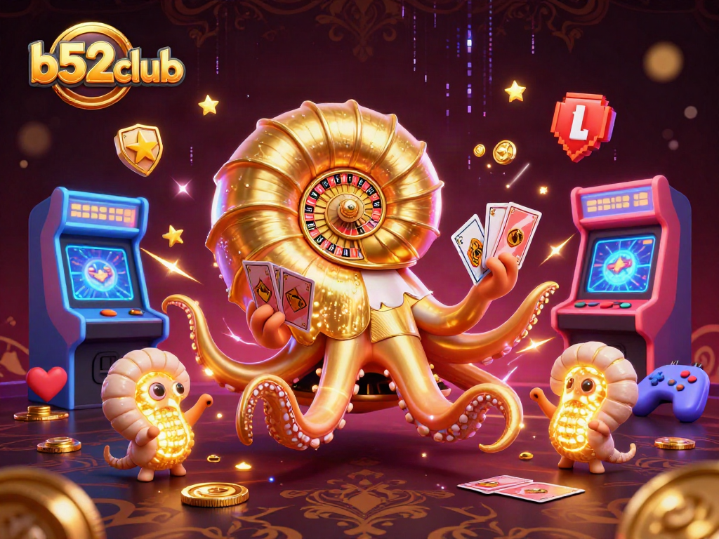 B52club features an entertaining scene with a giant nautilus roulette wheel, cards, and casino games creating excitement.