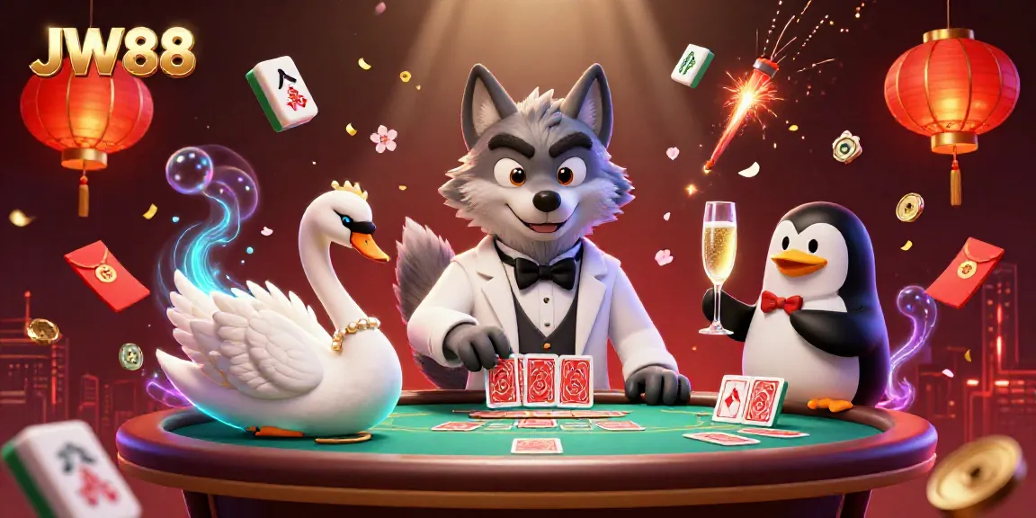Experience thrilling baccarat action with JW88 in a vibrant casino scene featuring animated characters.