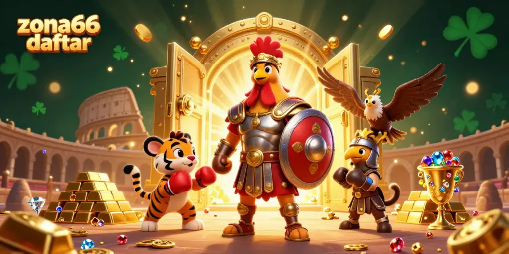 Join the action at zona66 daftar with a gladiator rooster, sparring tiger, and treasures galore!