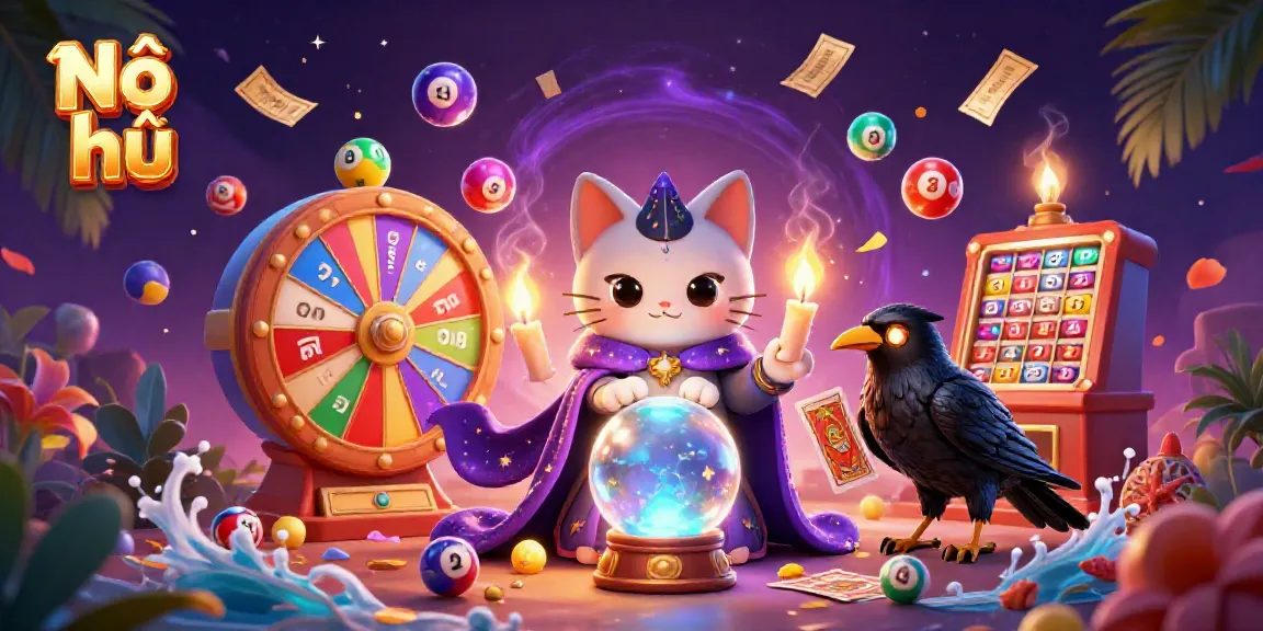 Experience the thrill of Nổ hũ with vibrant lottery balls and fortune-telling characters in a magical casino world.