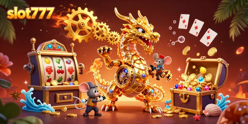Permainan slot777 yang mengasyikkan dengan naga emas dan elemen permainan kasino lainnya.