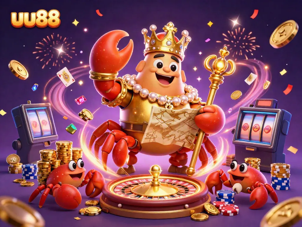 Experience thrilling wins at uu88 with a majestic golden crab emperor surrounded by vibrant casino elements.