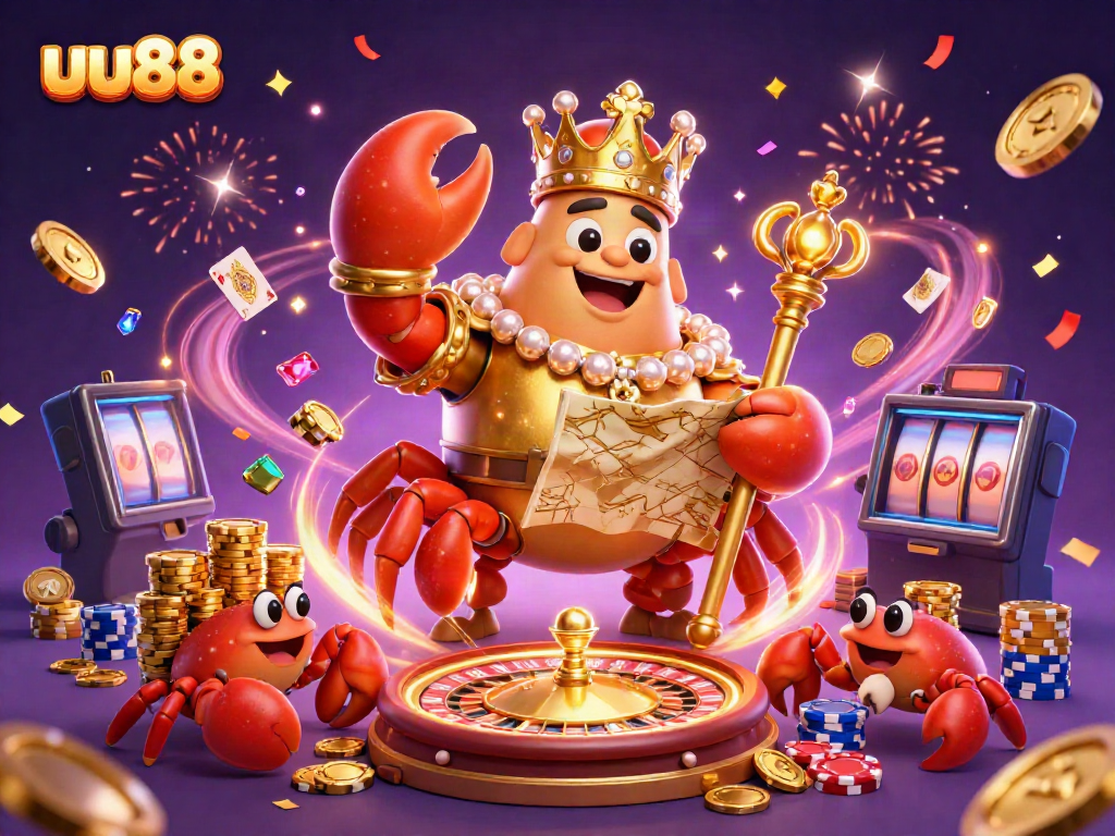 Experience thrilling wins at uu88 with a majestic golden crab emperor surrounded by vibrant casino elements.
