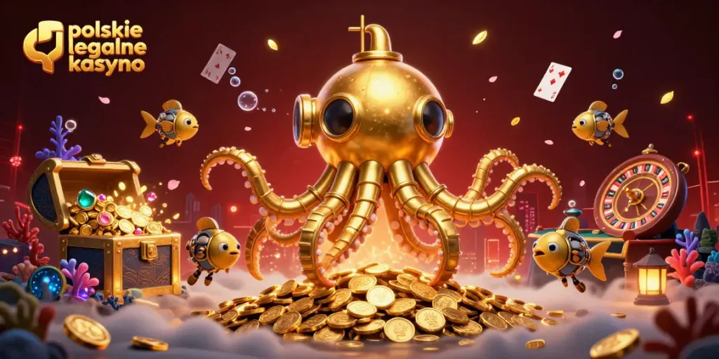 Engage with the vibrant world of polskie legalne kasyno, showcasing a golden kraken submarine amidst gaming elements.