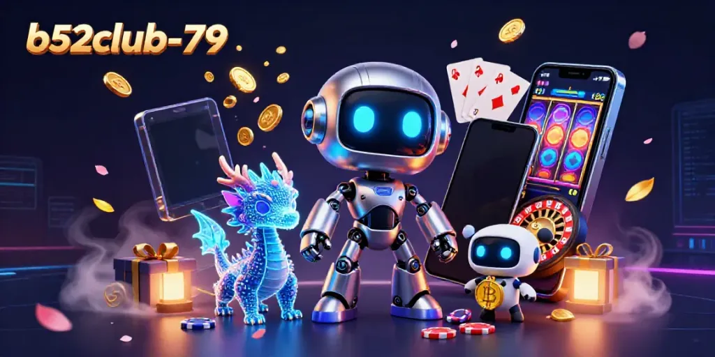 Join the excitement at b52club-79 with a vibrant 3D illustration featuring futuristic gambling elements and characters.