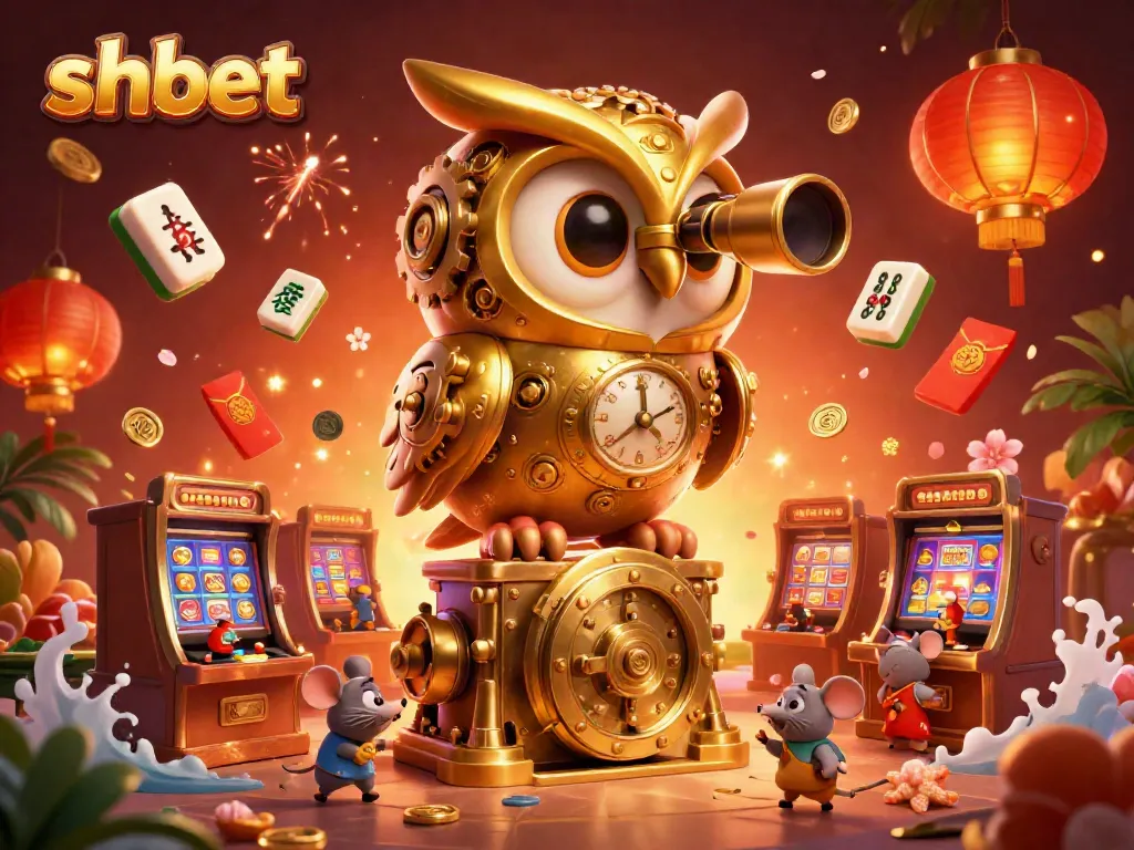 Place bets at SHBET's vibrant online casino, showcasing a whimsical owl and lively scene.