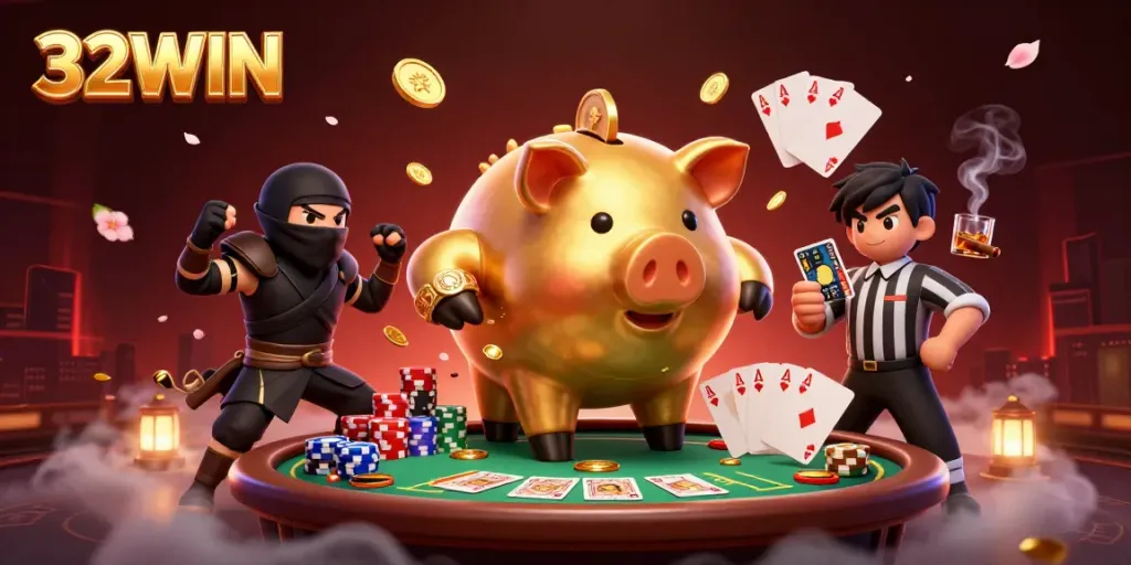 Experience a dynamic 32WIN scene with a golden piggy bank sumo wrestler and opponents amidst gambling elements.