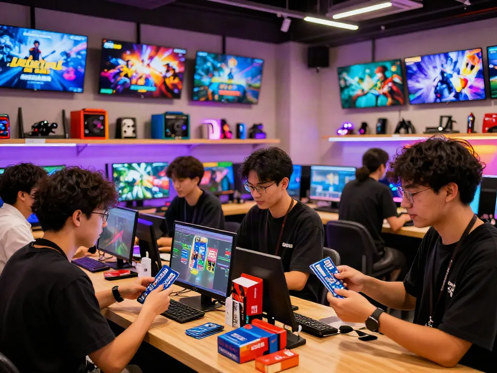 Warung168 digital store scene with gaming merchandise and lively atmosphere.