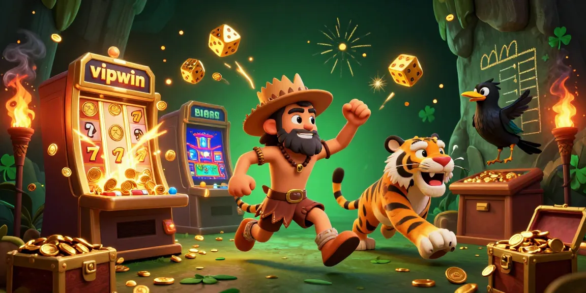 Experience thrilling wins at vipwin's prehistoric casino with caveman characters and a vibrant slot machine explosion.