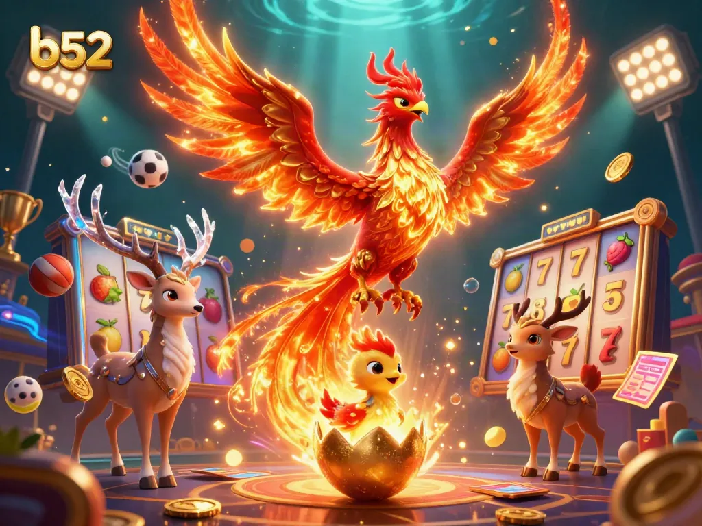 Experience the excitement of b52 with a phoenix emerging from a golden egg amidst slot game excitement.