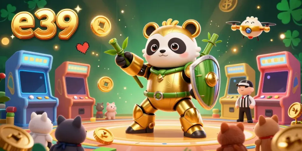 Experience thrilling gaming with e39 in a vibrant 3D casino scene featuring a mech-suit panda and colorful arcade machines.