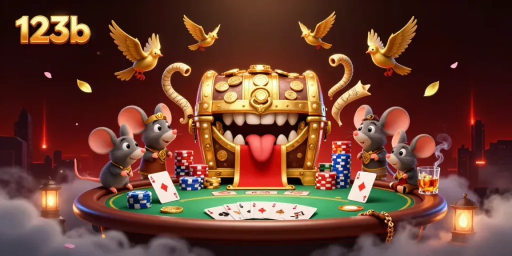 Win big with 123b's dynamic poker scene featuring colorful chips and luxurious treasures.