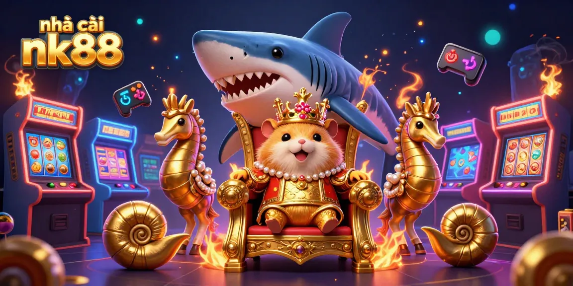 Engage with exhilarating games at nhà cái nk88, featuring a golden hamster king and vibrant casino elements.