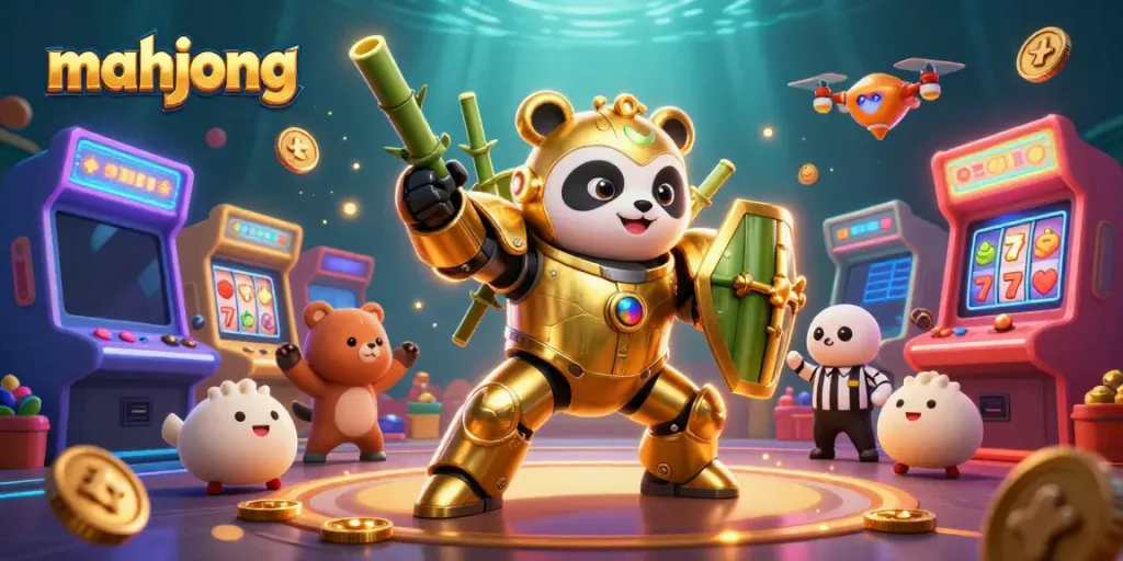 Permainan mahjong yang menampilkan panda emas mengemudikan robot, dikelilingi berbagai elemen kasino
