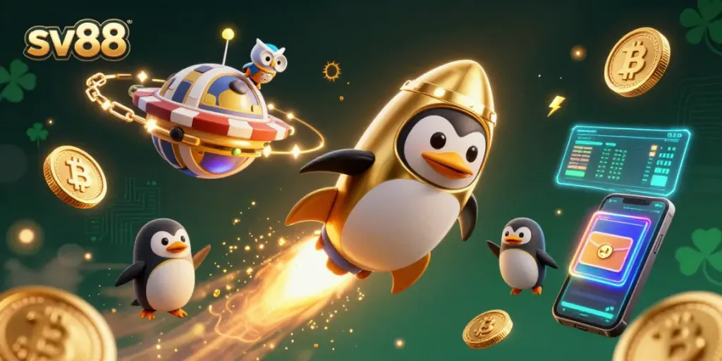 Experience thrilling gaming adventures with sv88 as the golden penguin navigates a colorful casino universe.