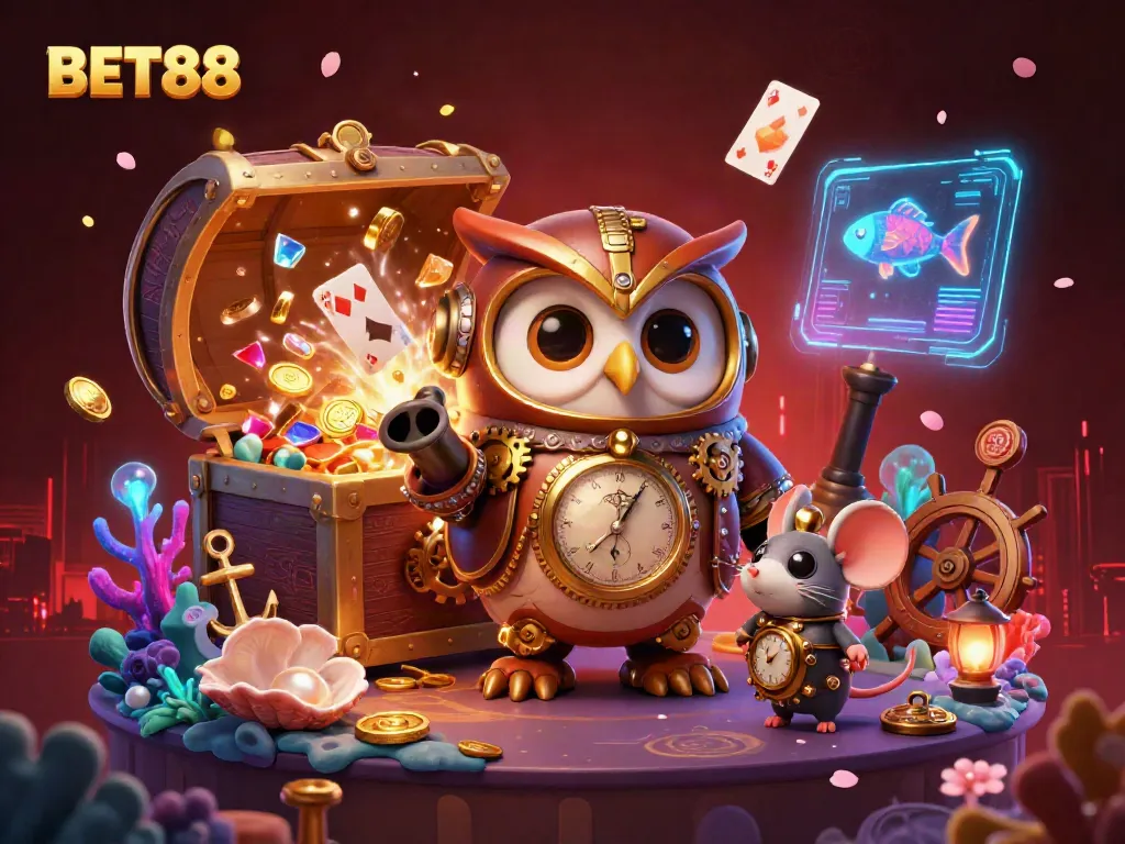 Join the gaming adventure on BET88 with a whimsical, steampunk casino scene featuring an owl and mouse.