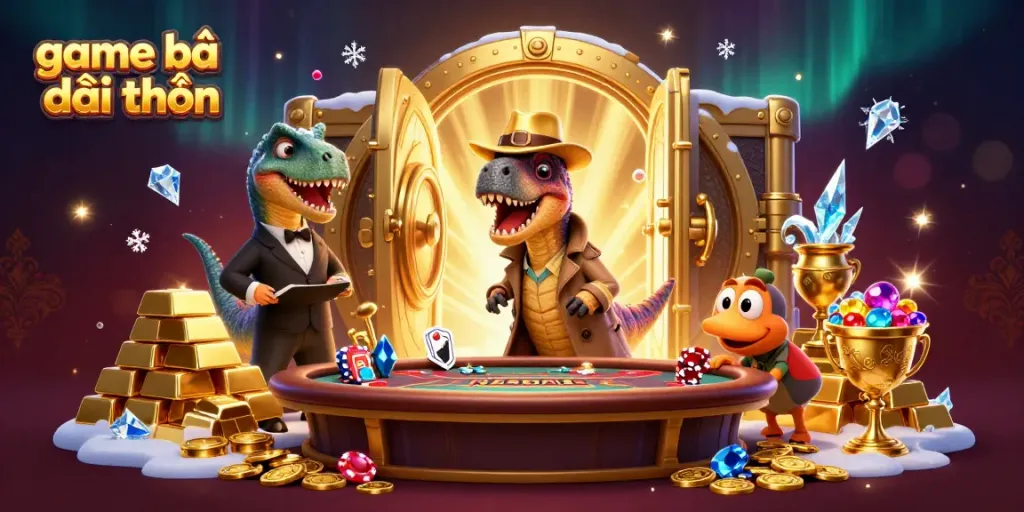 Game bài đổi thưởng dynamic casino scene with cartoon dinosaurs engaging, vivid treasure highlights.