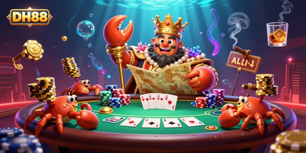Experience excitement at DH88 with a vibrant poker scene featuring a golden crab emperor and rich game elements.