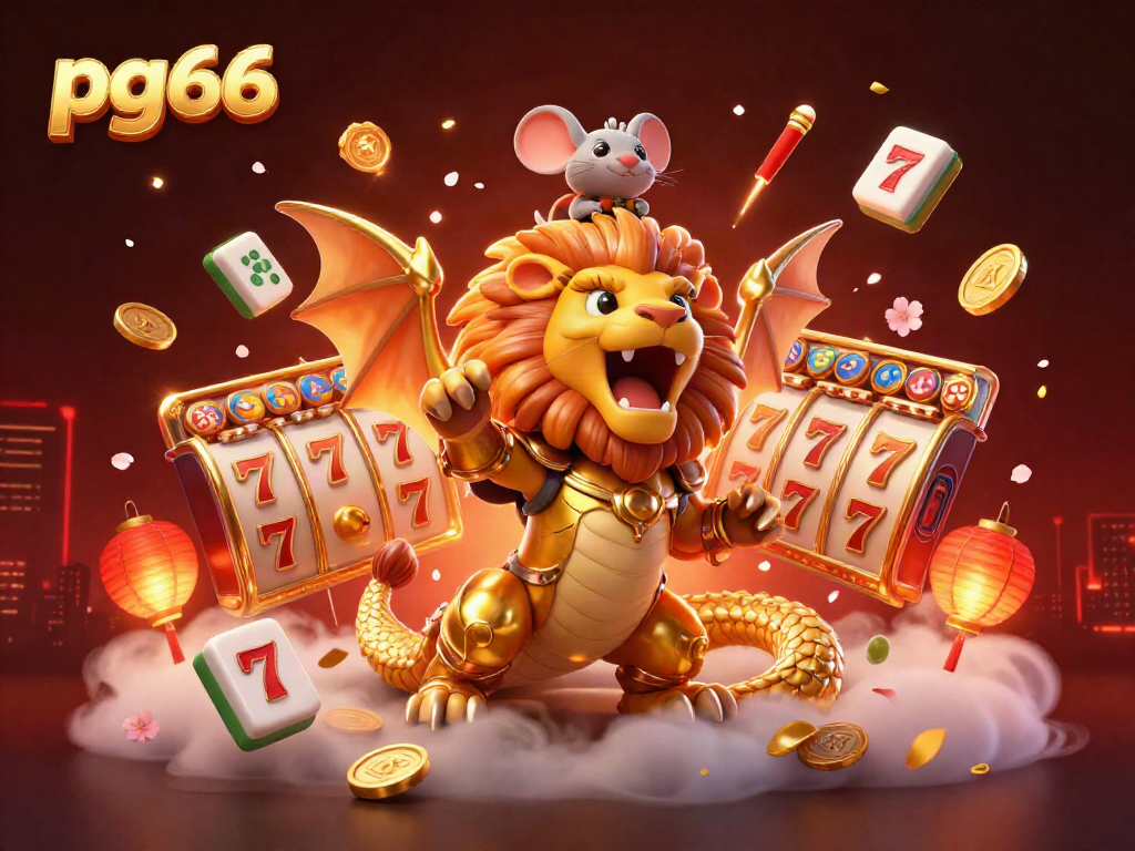 Experience the excitement of pg66 with a roaring chimera and dynamic slot reels in a vibrant casino scene.
