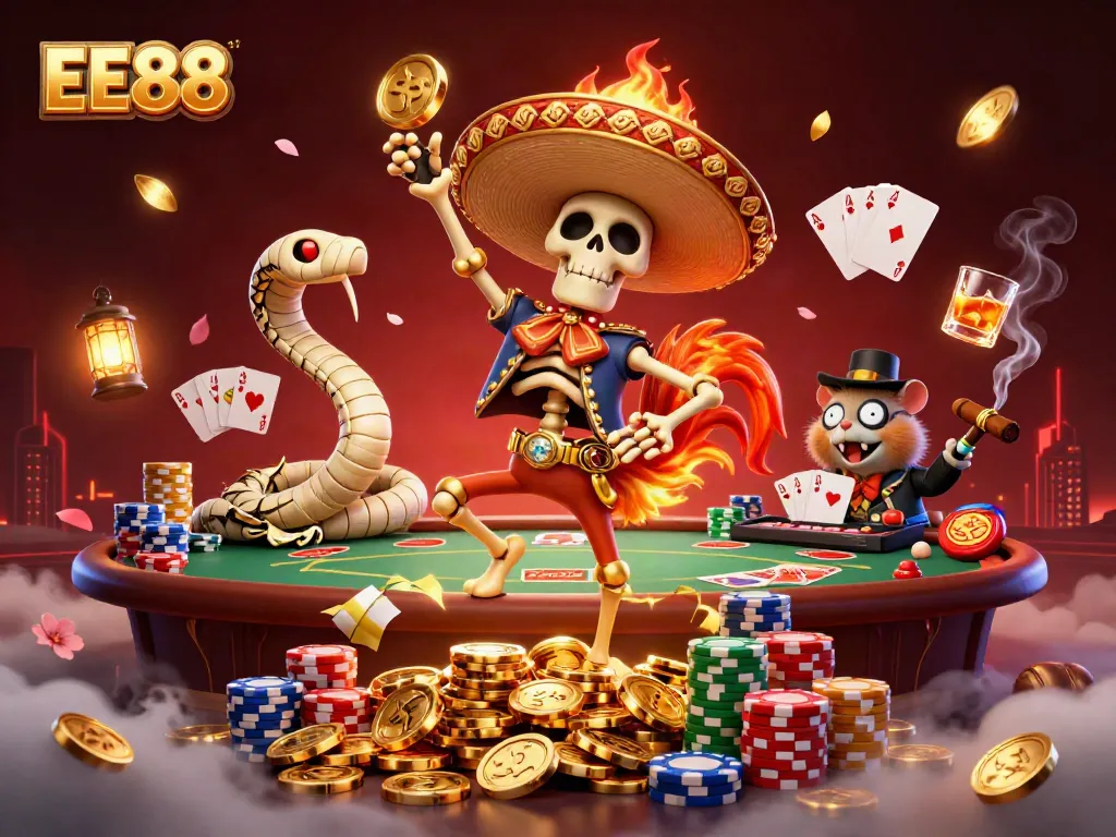 Experience the excitement of EE88 with vibrant casino characters dancing over golden coins amidst poker game elements.