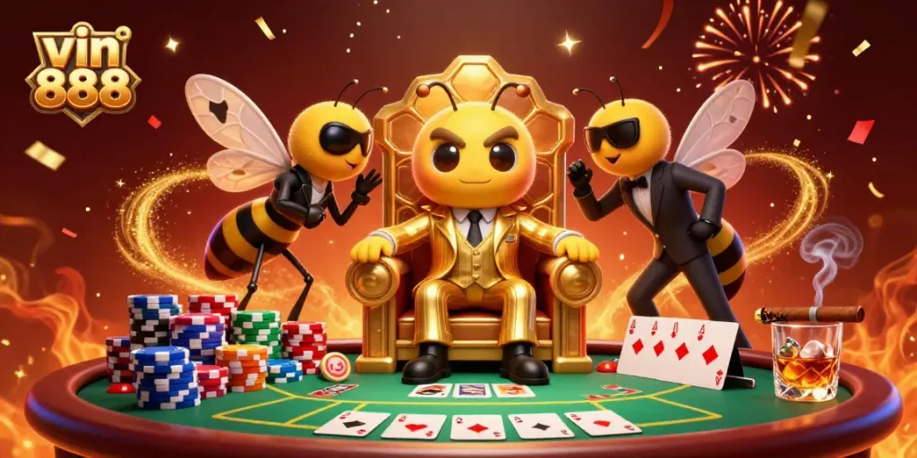 Experience thrilling action at vin 888 casino with vibrant poker elements and playful characters.