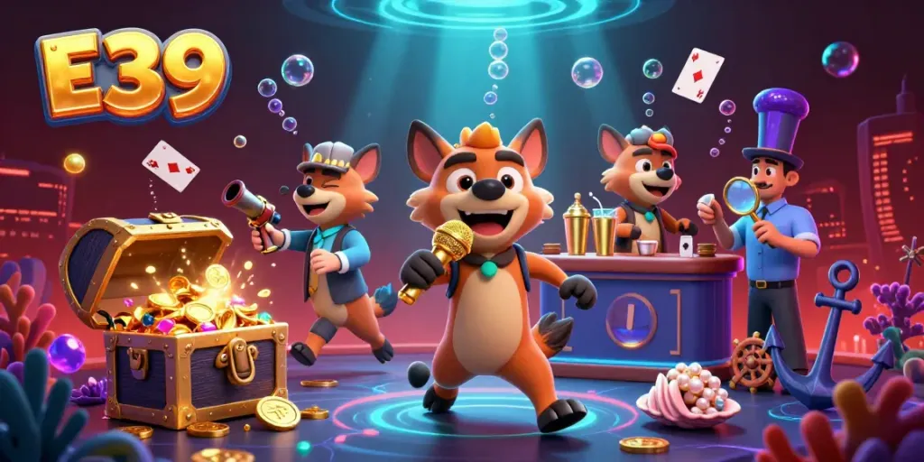 Enjoy exciting games at the E39 comedy casino club with hyenas entertaining guests and vibrant treasures.