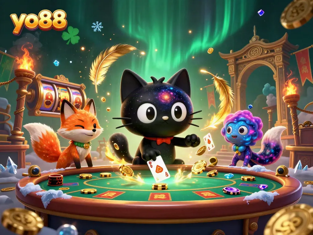 Engage in thrilling gaming at yo88 with a cosmic scene of characters and exciting jackpot elements.