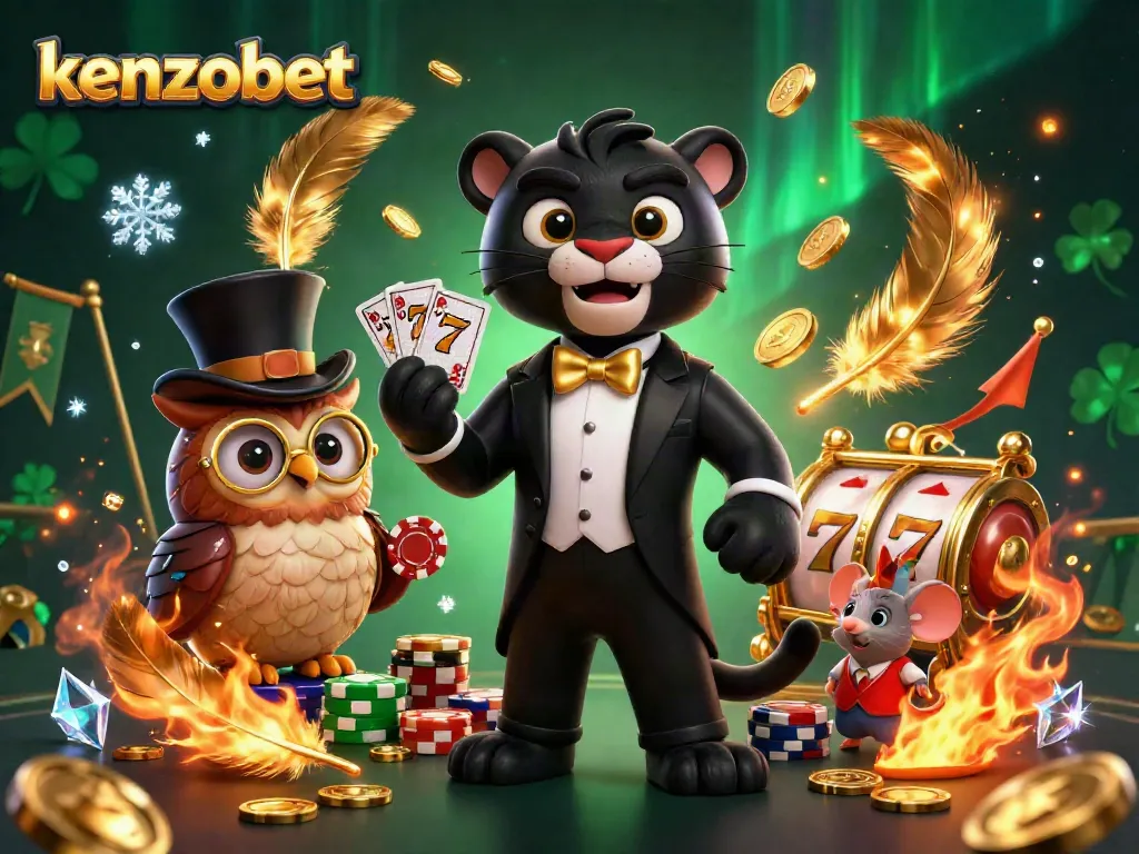 Engage with kenzobet’s thrilling casino scene featuring a stylish panther dealing cards, surrounded by vibrant gaming elements.