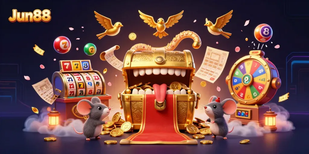 Jun88 captivates with an intricate 3D illustration of a golden treasure chest and vibrant slots, inviting players to indulge.