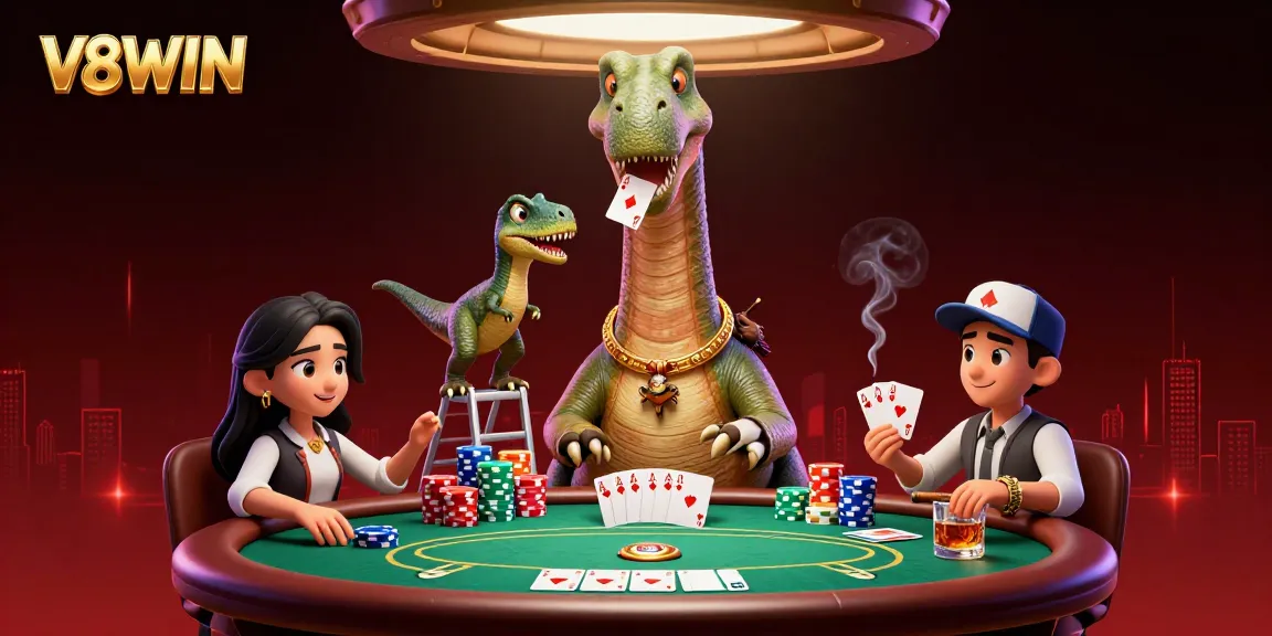 Experience the thrilling V8WIN poker scene with a giant brontosaurus and clever raptor in action.