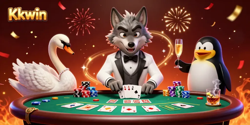 Kkwin invites players to experience a vibrant casino scene with a debonair wolf, elegant swan, and sophisticated penguin
