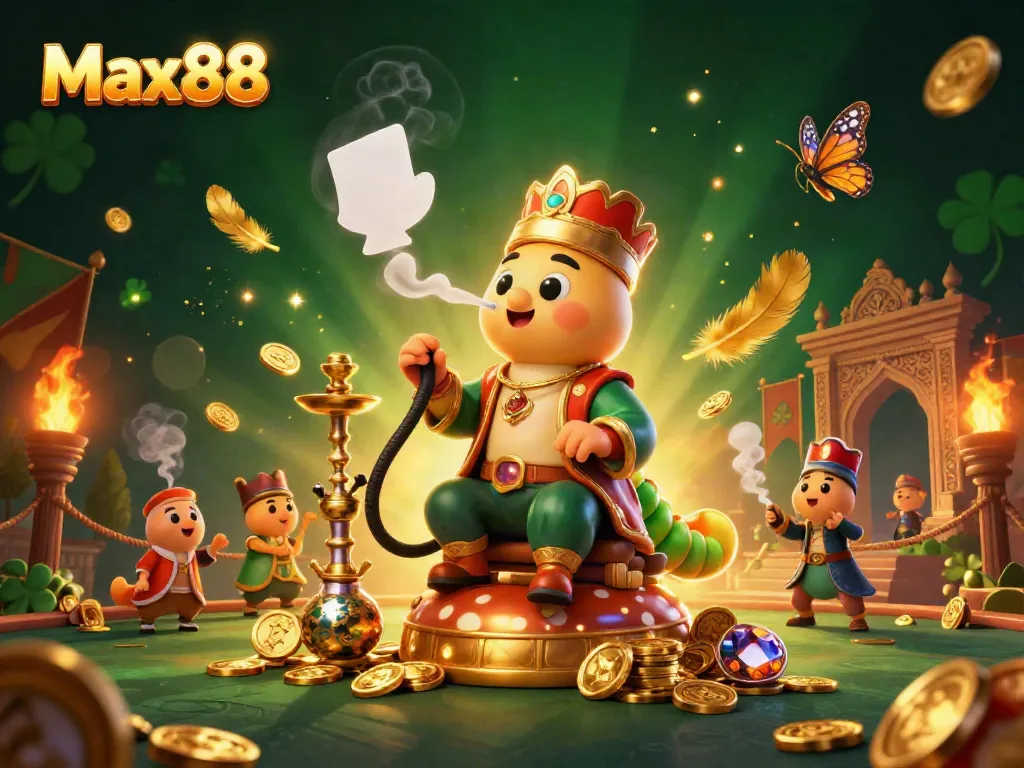 Engage with the exciting casino atmosphere at Max88, illustrated with a vibrant 3D scene featuring a unique caterpillar character.
