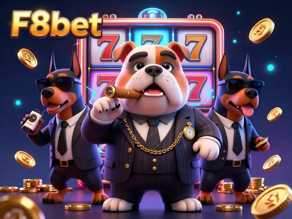 Experience thrilling gaming action at F8bet with a vibrant 3D casino scene featuring a bulldog mob boss and dynamic game elements.