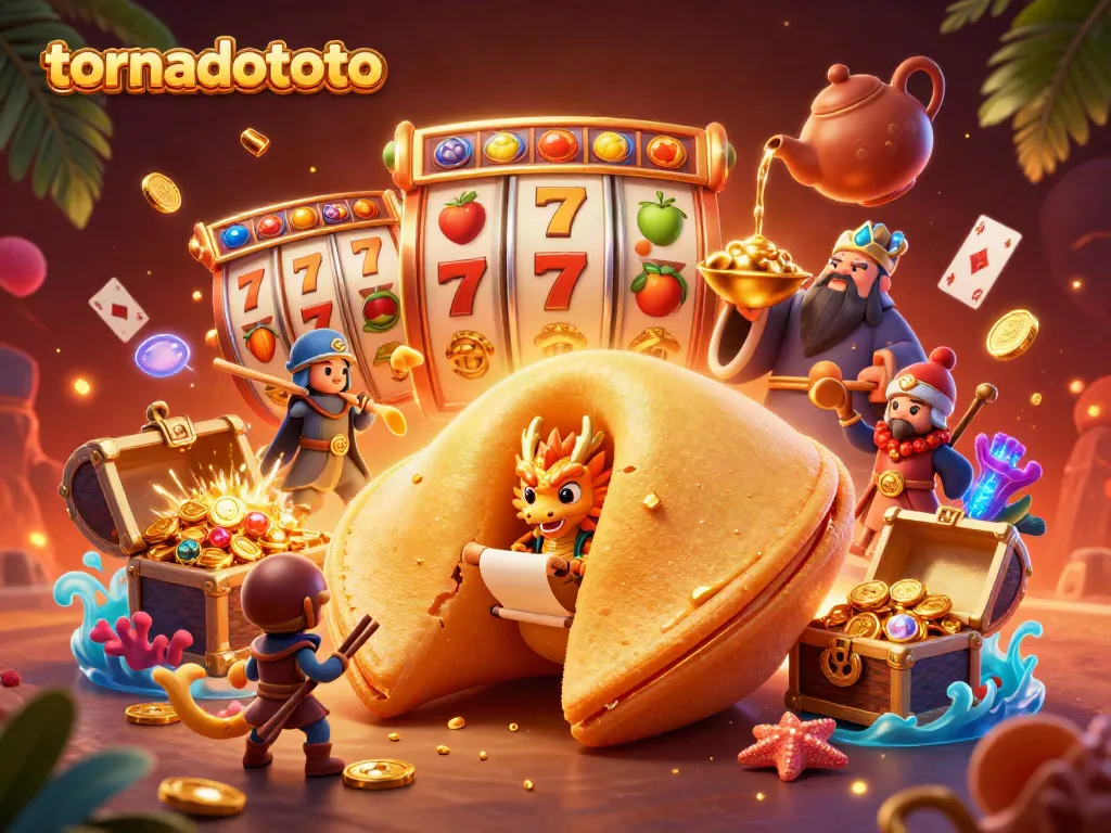 Experience excitement at tornadototo with a whimsical 3D casino adventure, featuring a golden fortune cookie and slot elements.