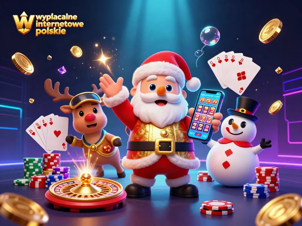 Wypłacalne kasyna internetowe polskie featuring Santa in a casino themed scene with vibrant gaming elements.