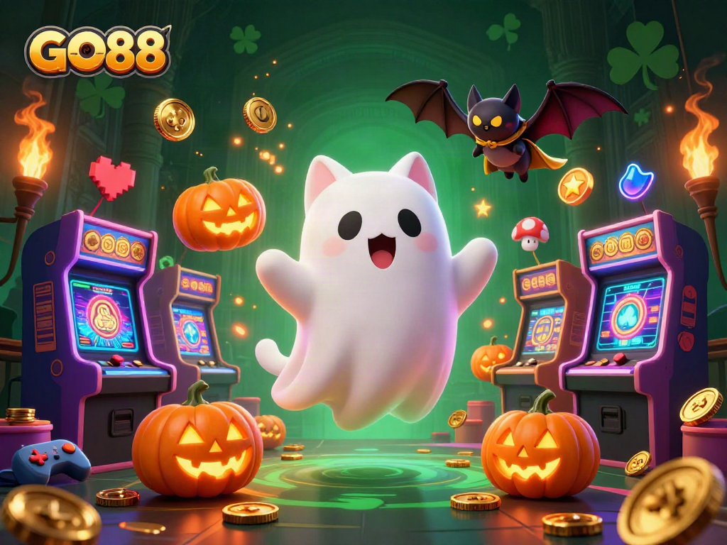 Capture the excitement of GO88 with a playful ghost cat and vibrant casino elements.