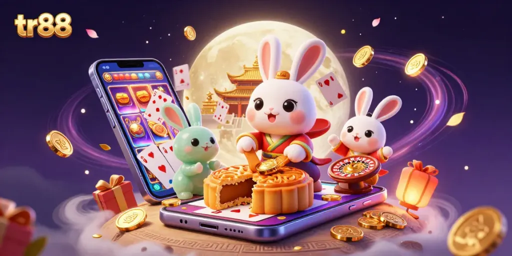 Experience the excitement of tr88 as the moon rabbit uncovers hidden poker chips while celebrating with lively casino elements.