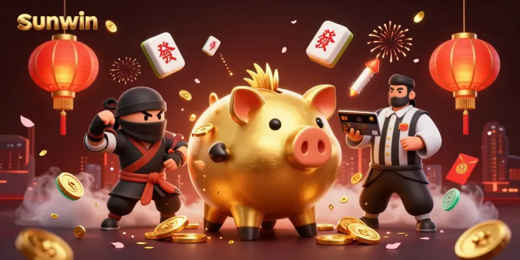Engage with sunwin's dynamic gaming action featuring a colossal piggy bank sumo wrestler amidst vibrant casino elements.