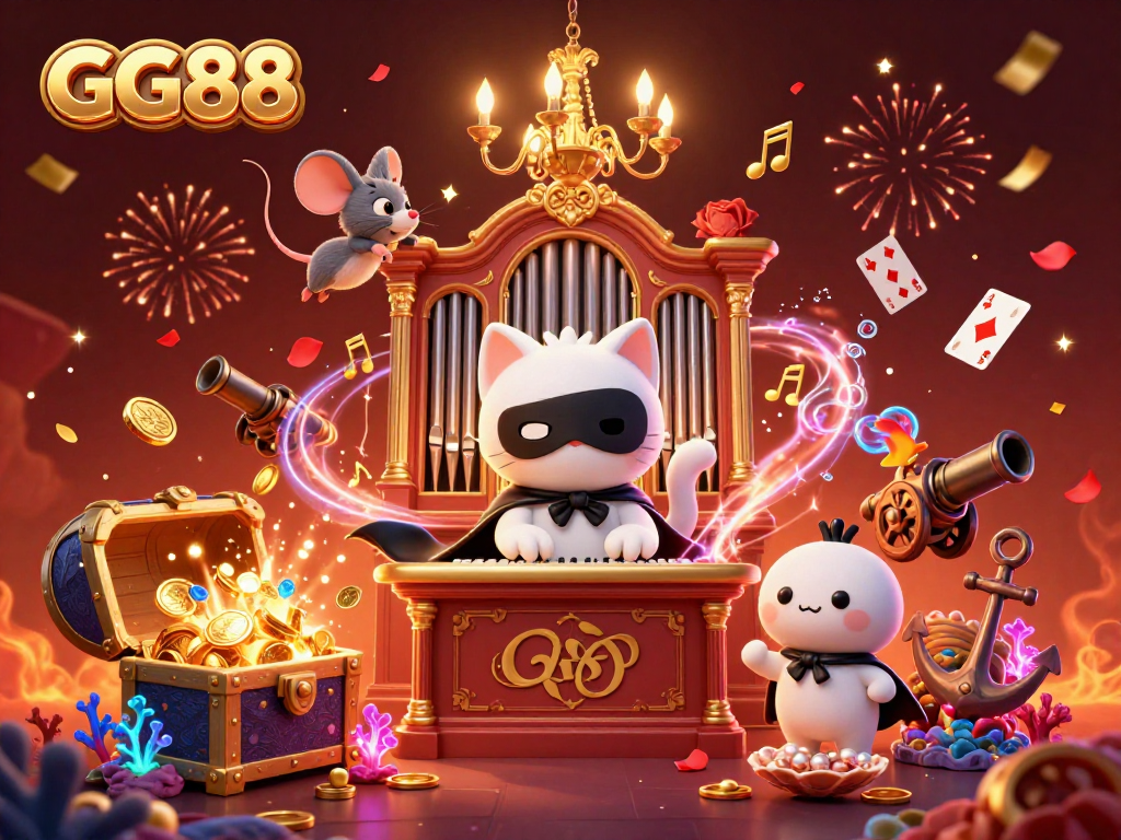 Engage with GG88 as a whimsical cat plays the pipe organ in a vibrant casino scene filled with treasures.
