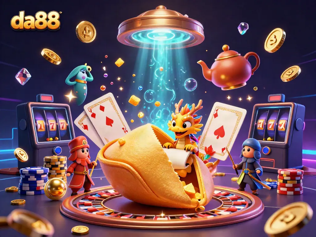 Experience the thrill of da88 with a dynamic 3D casino scene featuring gold coins, playing cards, and lucky dragons.