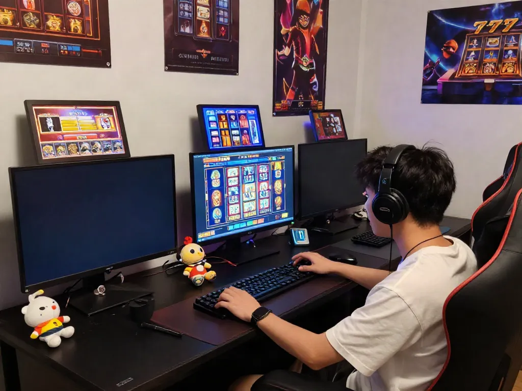 Player enjoying an exciting slot777 gaming experience at a stylish desk featuring multiple monitors and vibrant graphics.