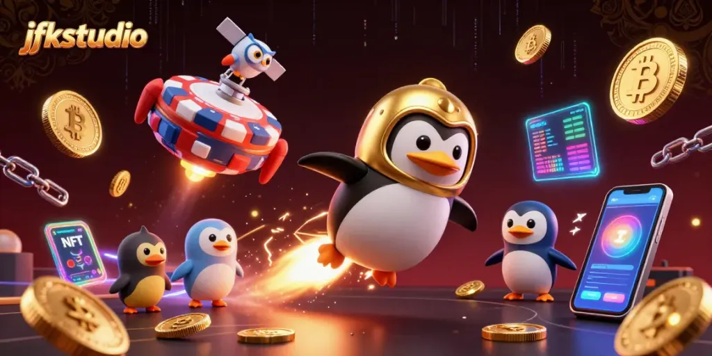 jfkstudio showcases a golden penguin rocket racing towards a vibrant casino in space