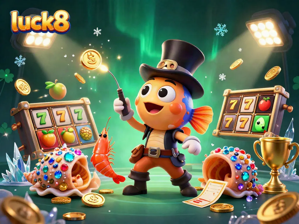 Engage with luck8's vibrant casino experience featuring an anglerfish, shrimp, and snail amid dynamic slot elements.