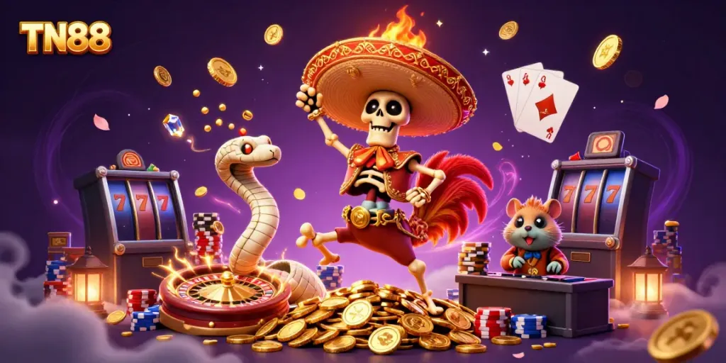Engage with thrilling casino excitement featuring TN88 in a vibrant 3D illustration.