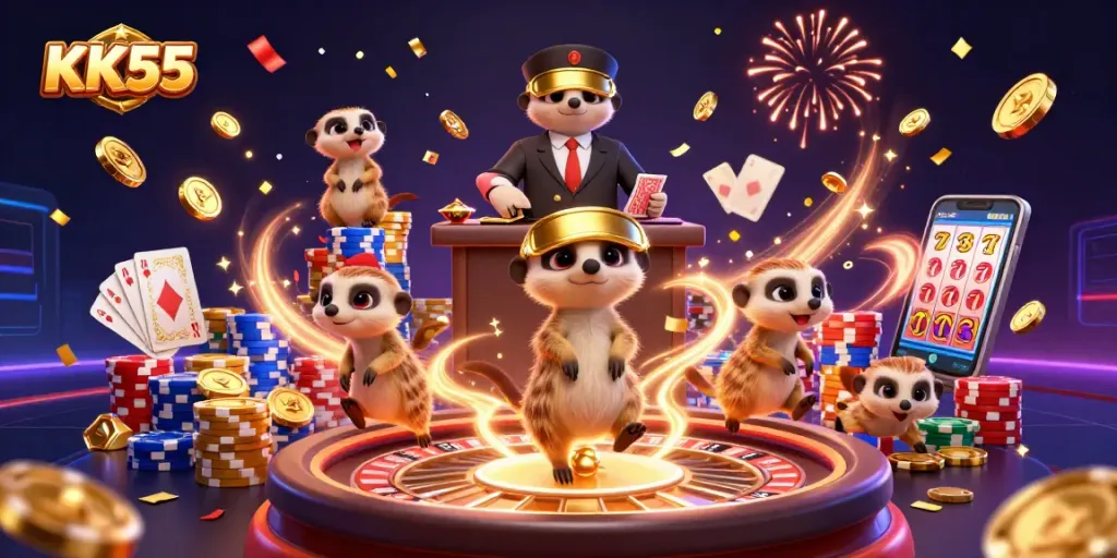 KK55 meerkats run a lively casino with vibrant chips, cards, and gold coins in a thrilling atmosphere