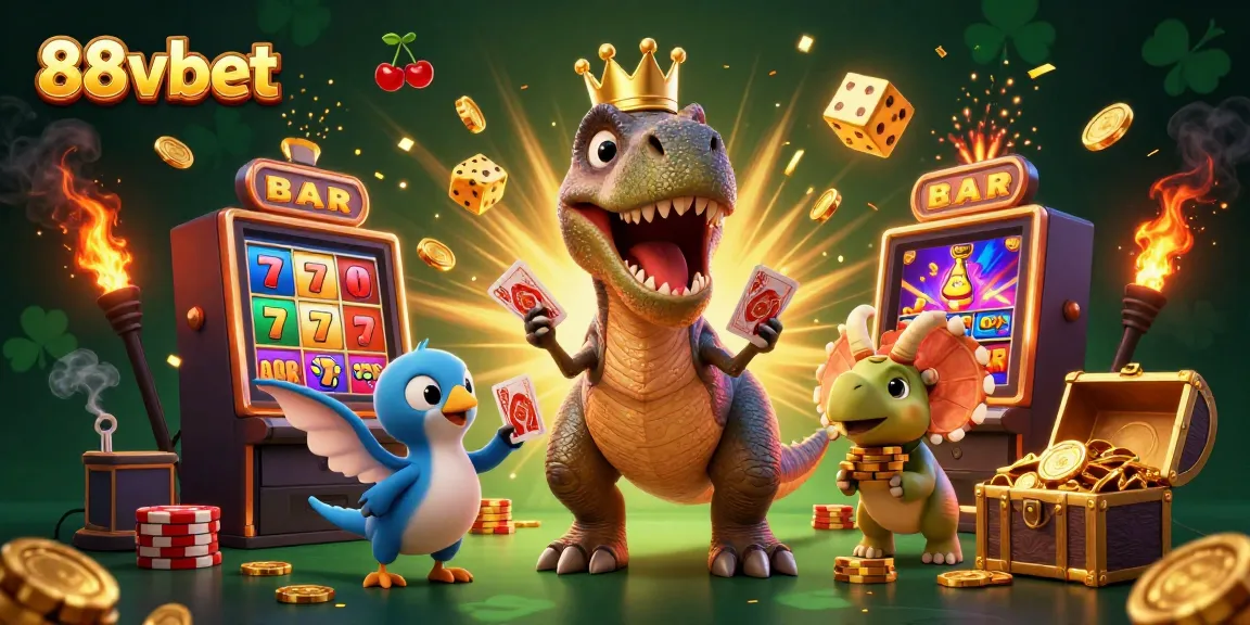 Engage with 88vbet's vibrant casino scene featuring a T-Rex and friends celebrating big wins!