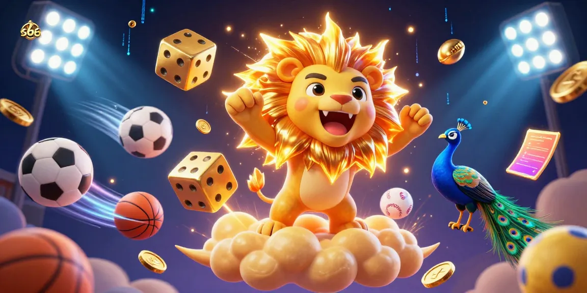 Experience thrilling action at s666 with sports elements dynamically flying around a roaring lion, embodying competitive spirit.