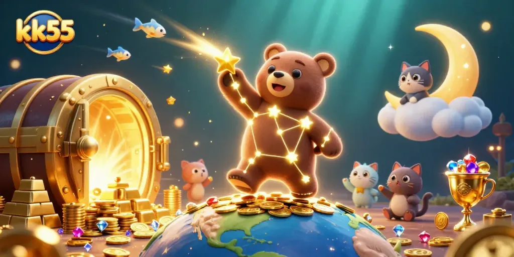 Engage with the thrilling universe of kk55 as a constellation bear scoops coins amidst gold treasures and mystical elements.