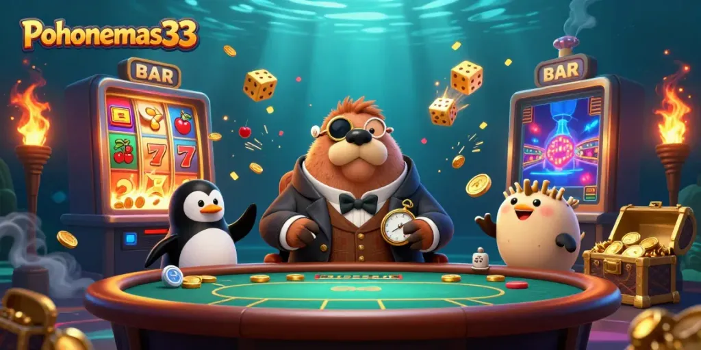 Ilustrasi menarik Pohonemas33 menampilkan walrus berperawakan jolly di meja poker bawah laut.