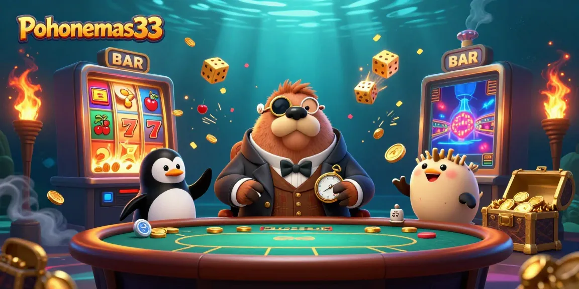 Ilustrasi menarik Pohonemas33 menampilkan walrus berperawakan jolly di meja poker bawah laut.